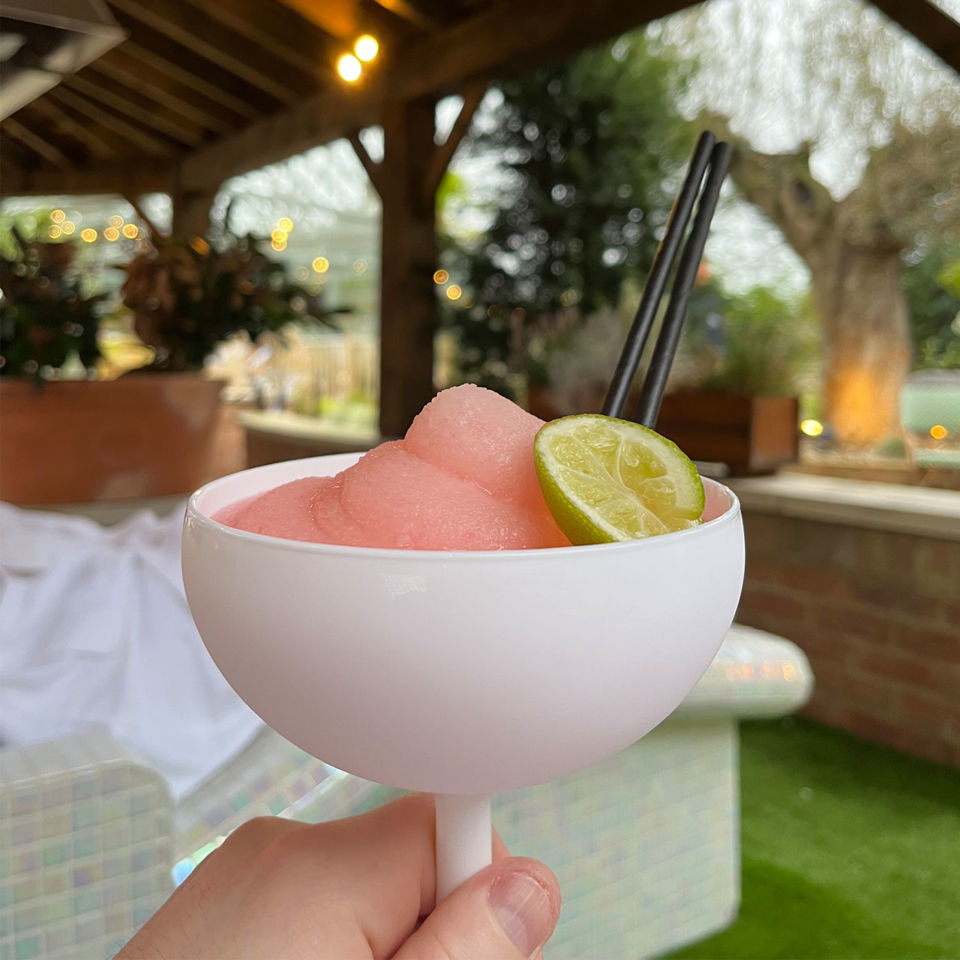 A tropical cocktail from the heated beach area
