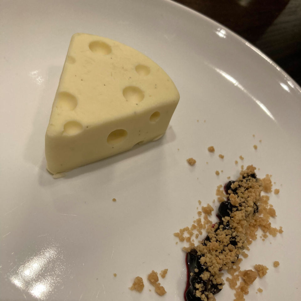 Sussex Slipcote cheesecake with muscovado rubble and a smidgeon of blueberry compote