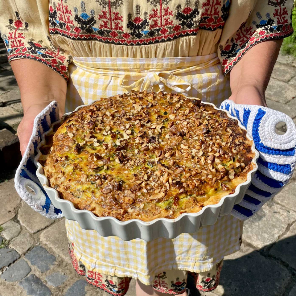 Traditional leek and cheese tart served at homestead Bio Mosna