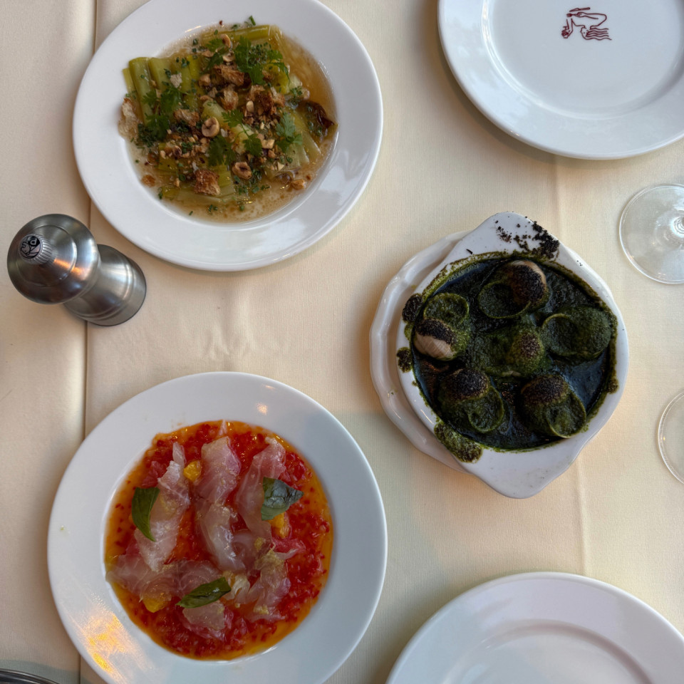 Leeks vinaigrette, crudo, escargot with garlic parsley butter