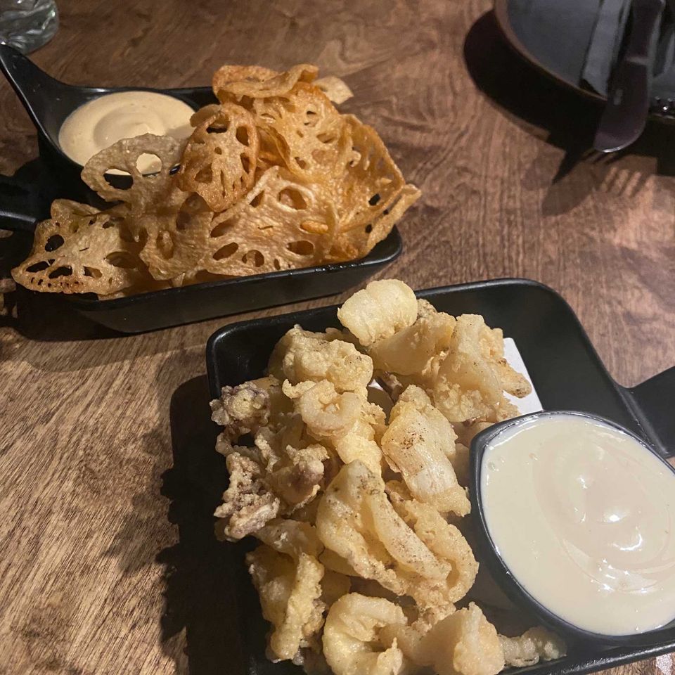 Lotus chips and crispy squid