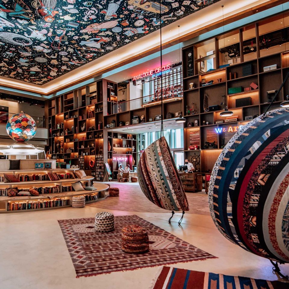 The art-filled foyer of 25hours Hotel
