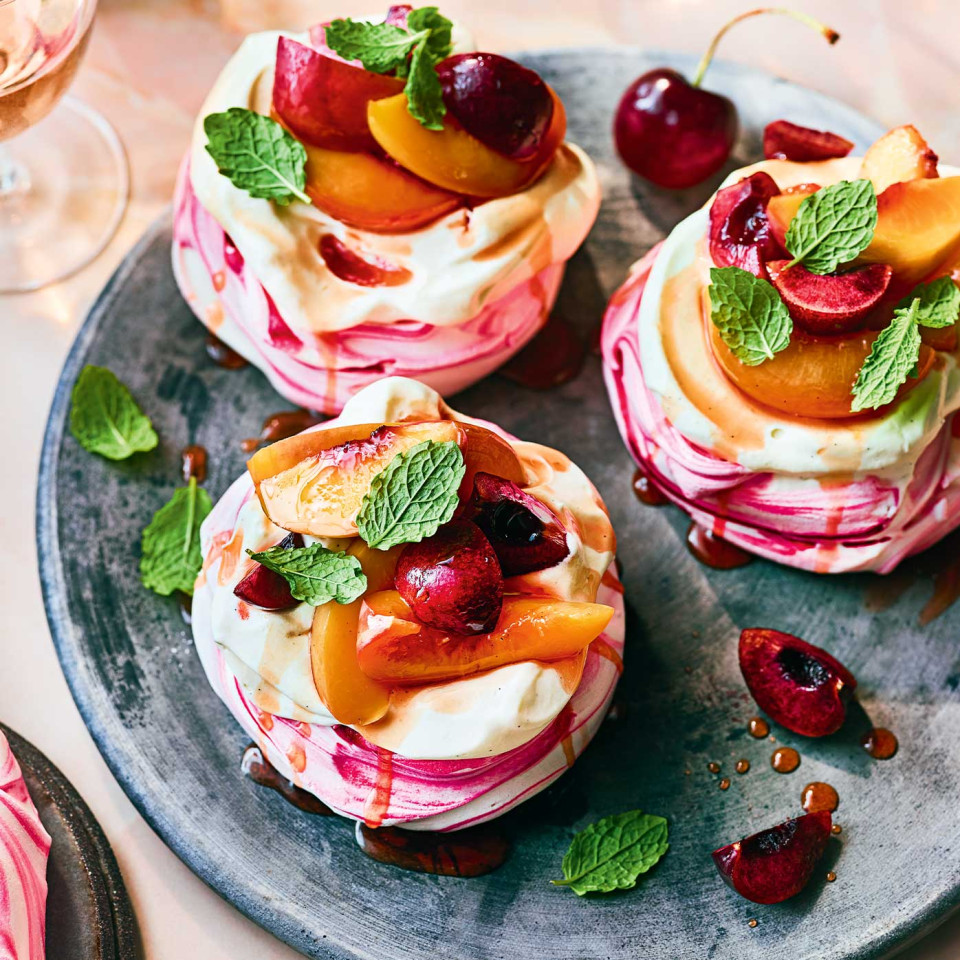 Rosé peaches and cream pavlovas