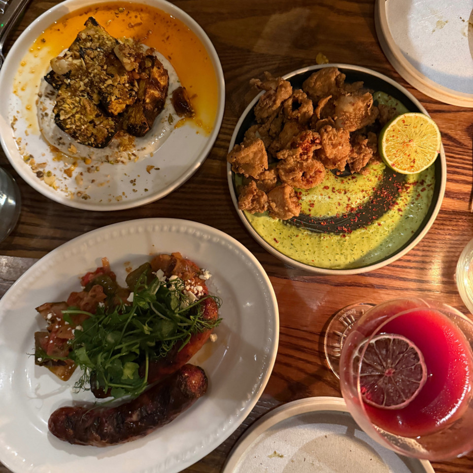 Celeriac, calamari, and Greek sausage