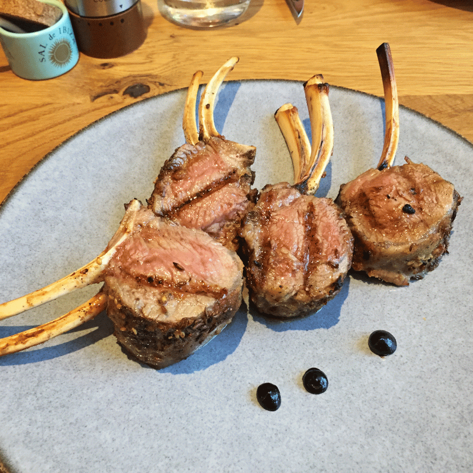 Borders lamb with black olive caramel