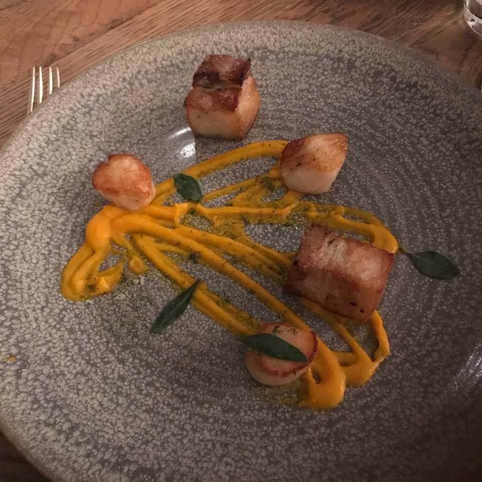 Pan-fried scallops and pork belly