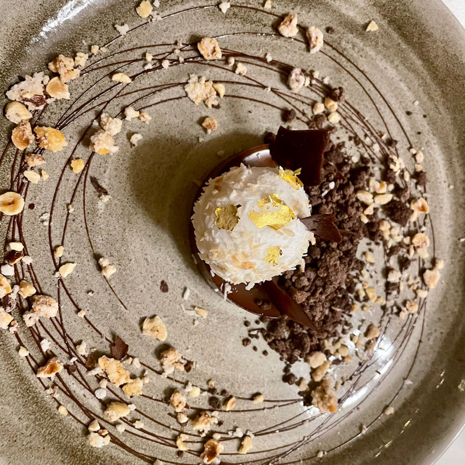 Coconut and chocolate mousse with raspberry sorbet