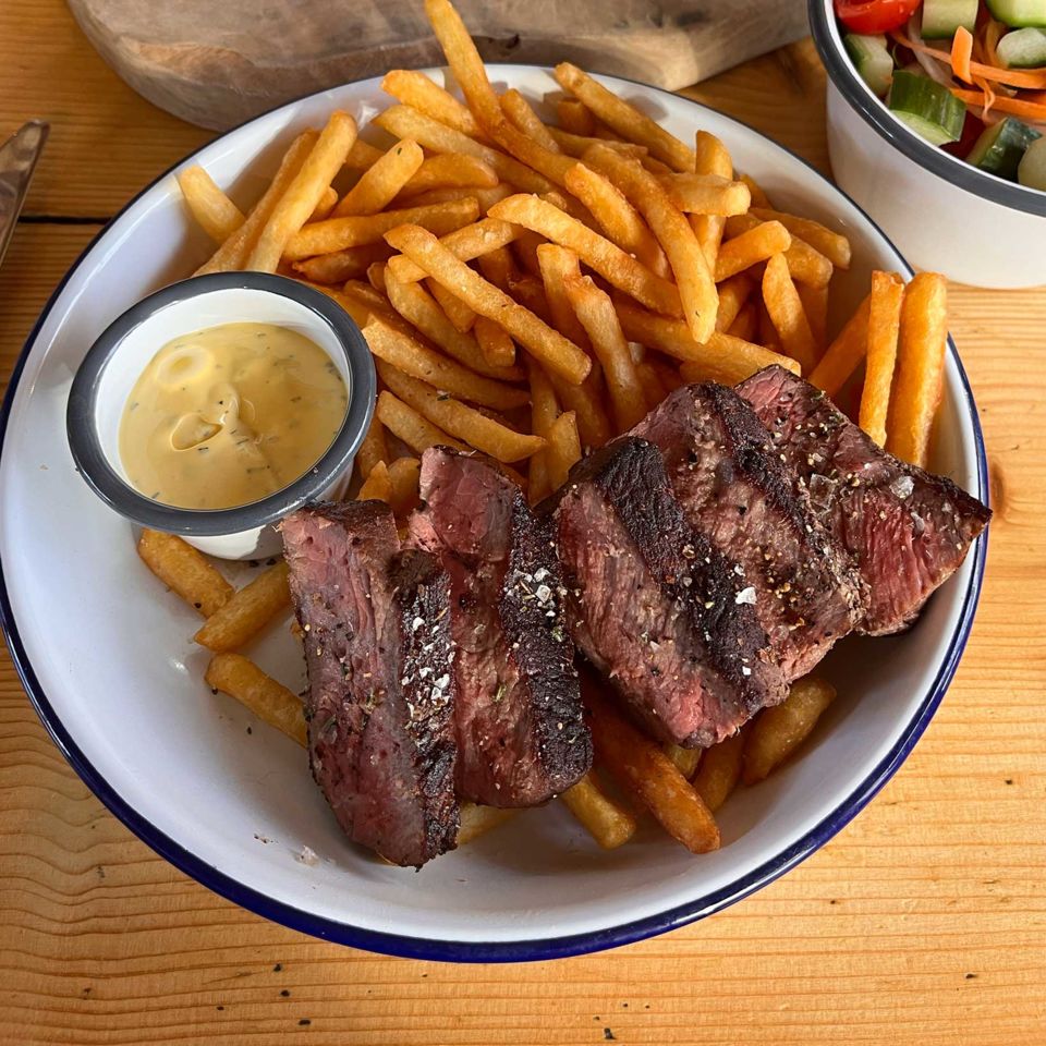 Steak and chips and The Cow