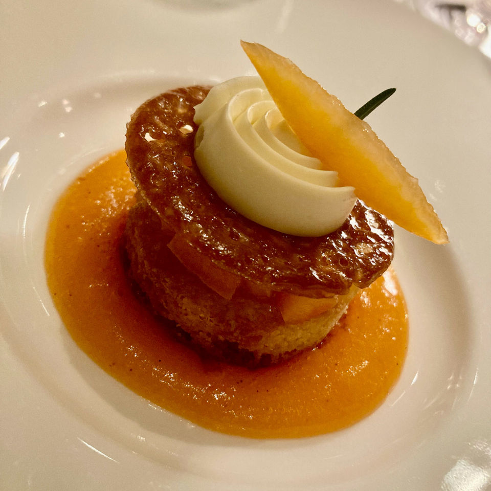 The sticky almond financier with apricot sauce