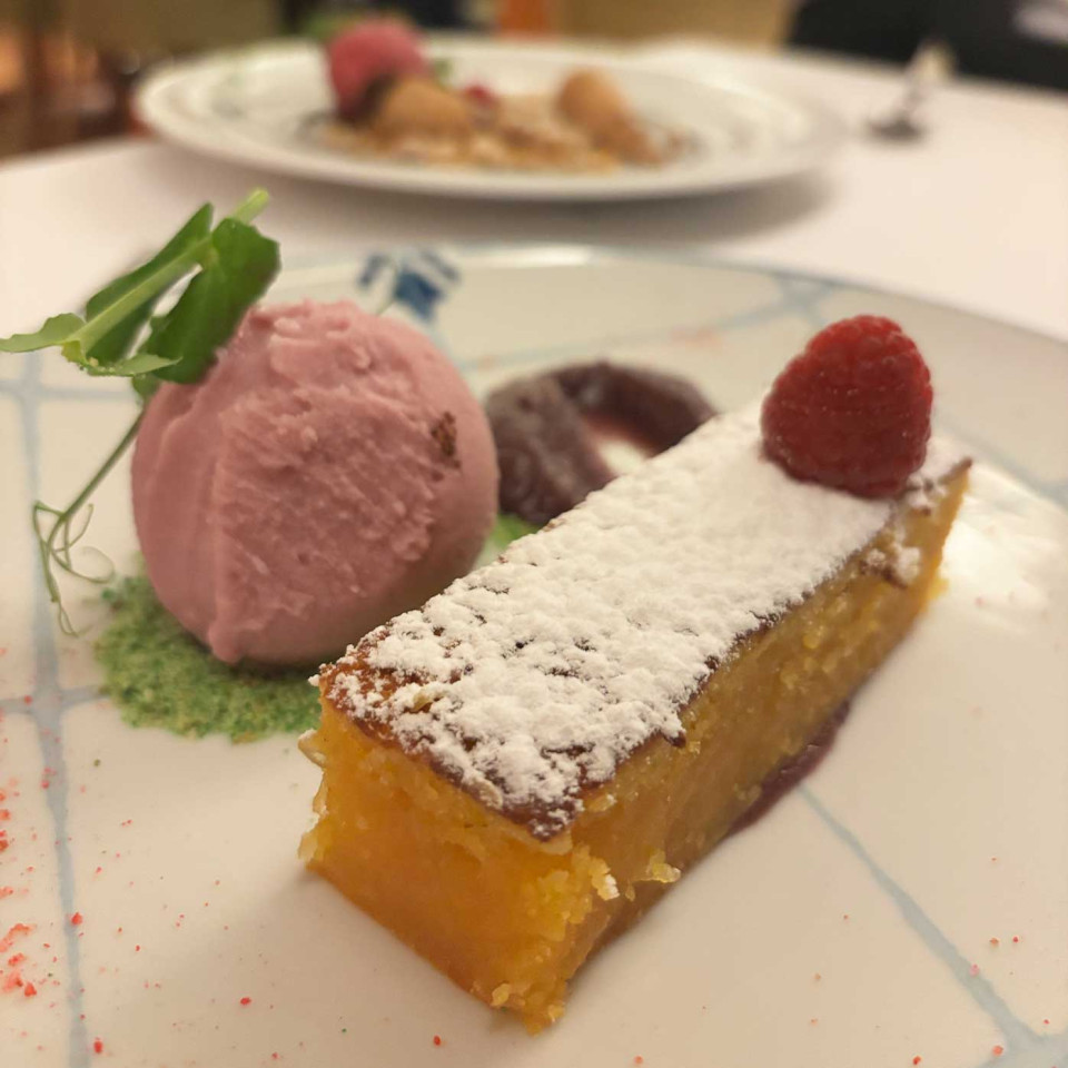 Delicious pumpkin sponge cake and black vanilla ice cream