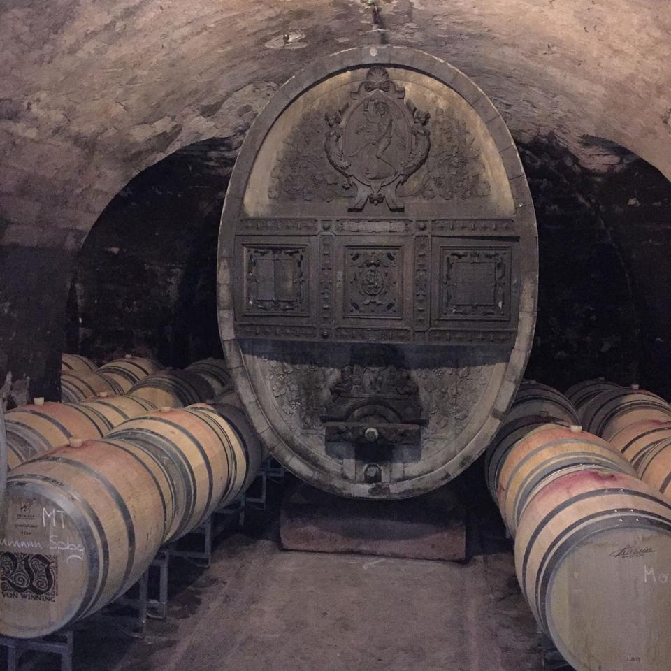 An antique barrel in the cellar at Weingut von Winning