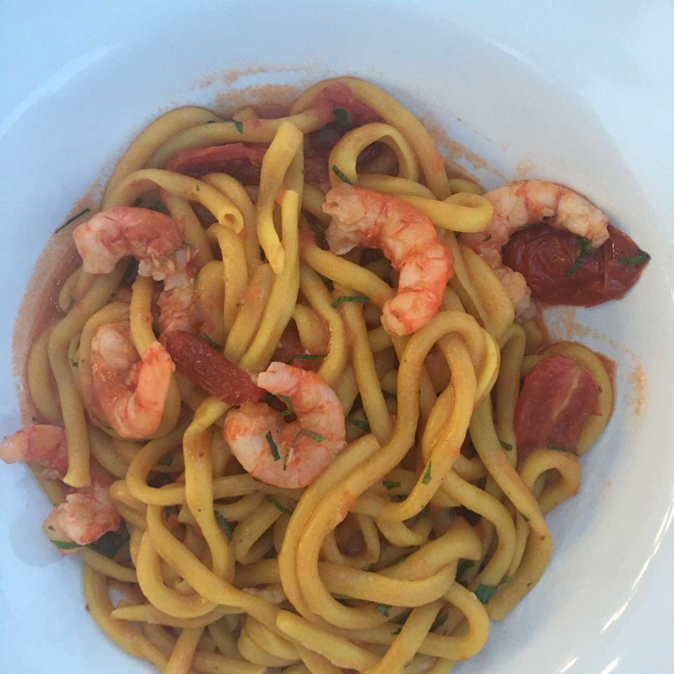 Bucatini with Sicilian red prawns and roasted datterini tomatoes