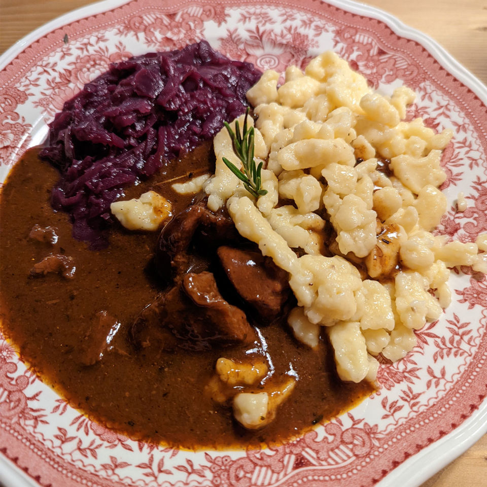 The rich venison stew and cheesy spätzle