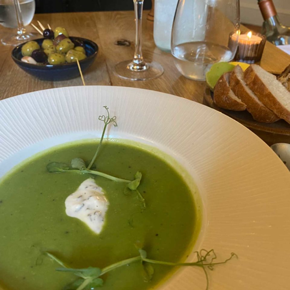Pea and mint soup served with local breads and butter