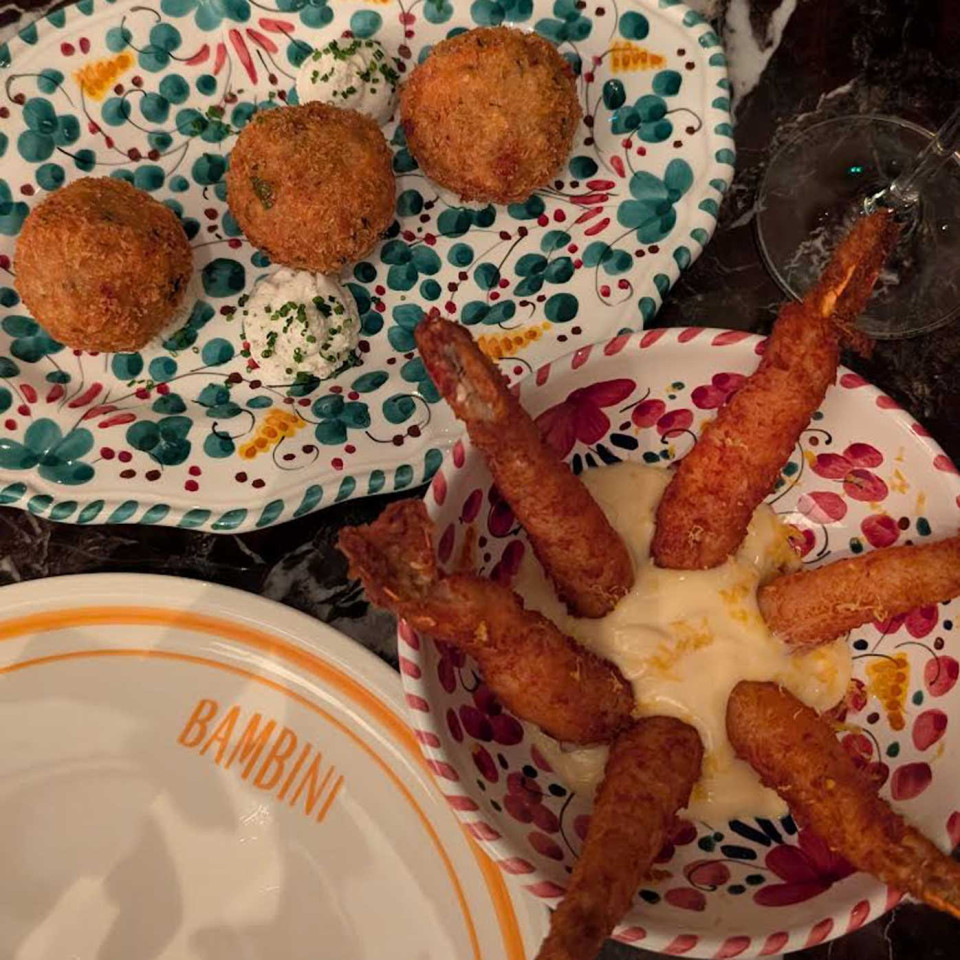 Mushroom arancini and scampi fritti
