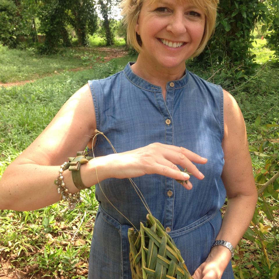 Sharon with her specially made palm handbag
