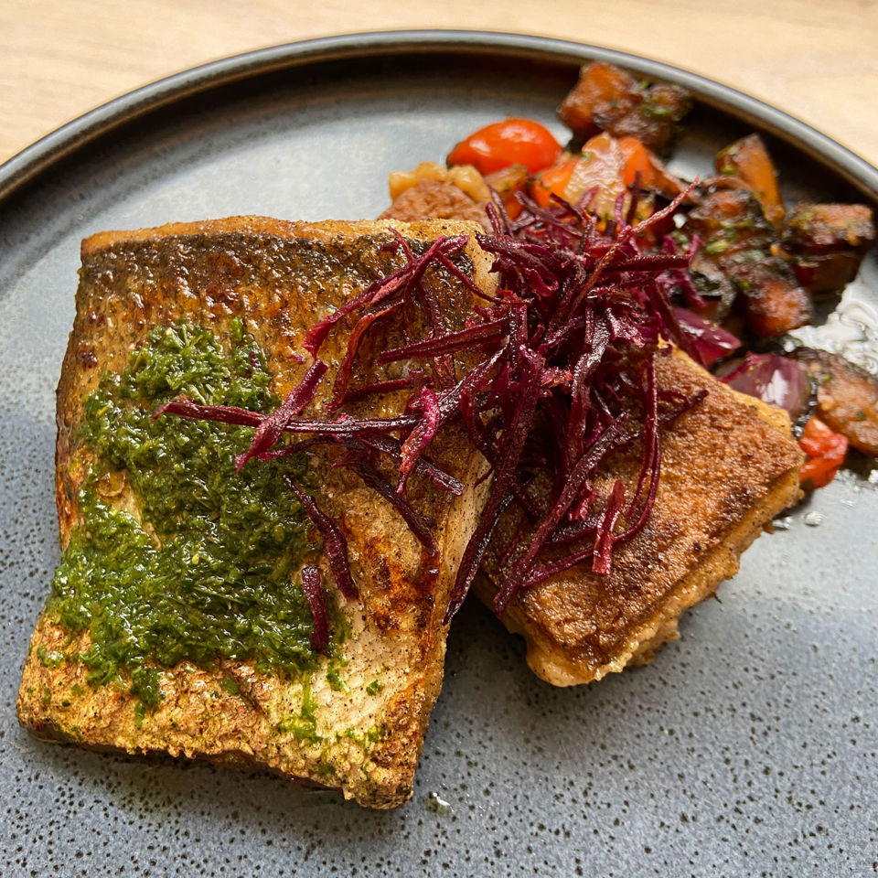 Barracuda, cou-cou, plantain sofrito, mojo