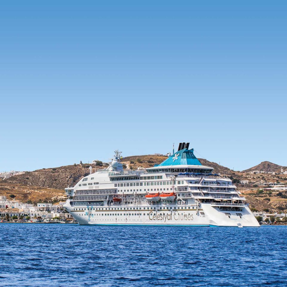 The Celestyal Crystal, docked in Milos