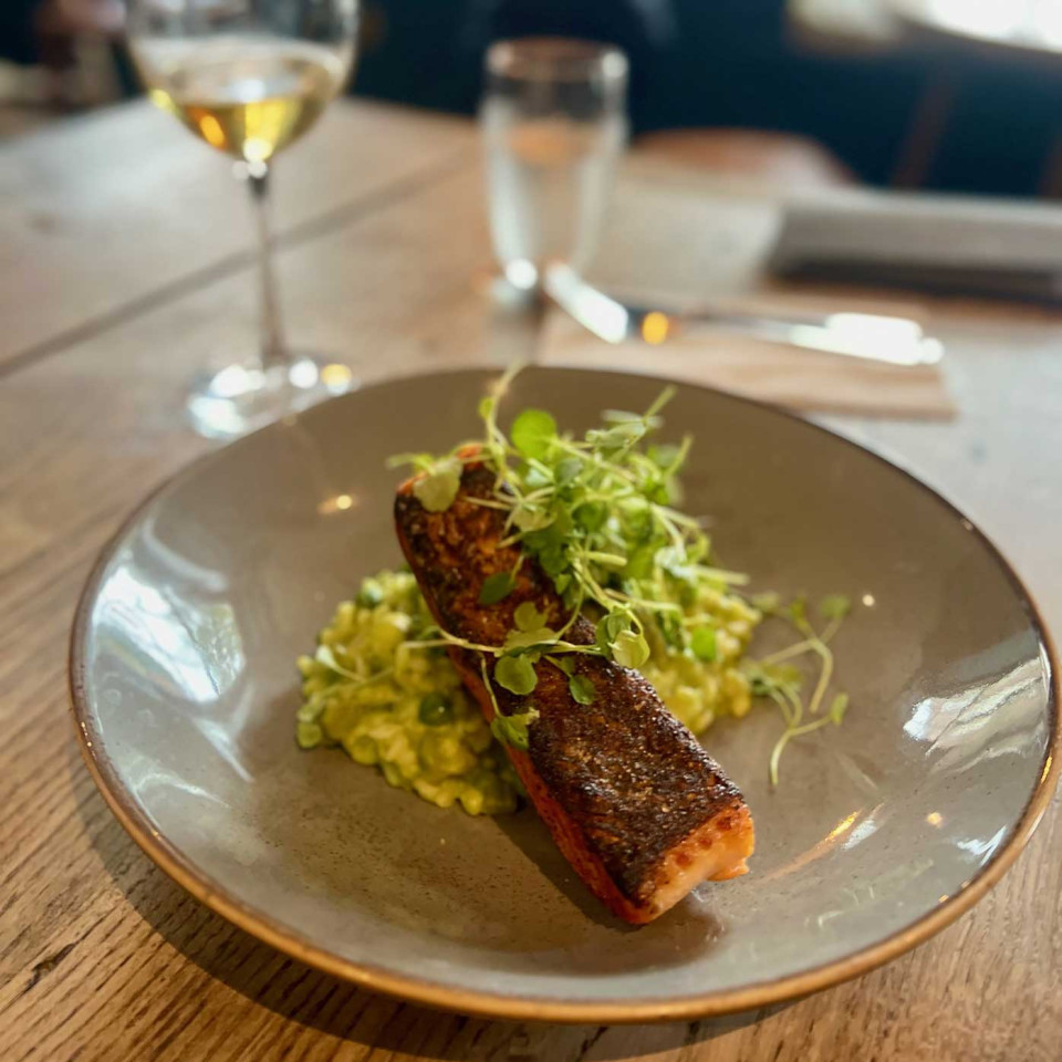 Trout and pea risotto at The Talbot Inn. Image: Nick Strasburg