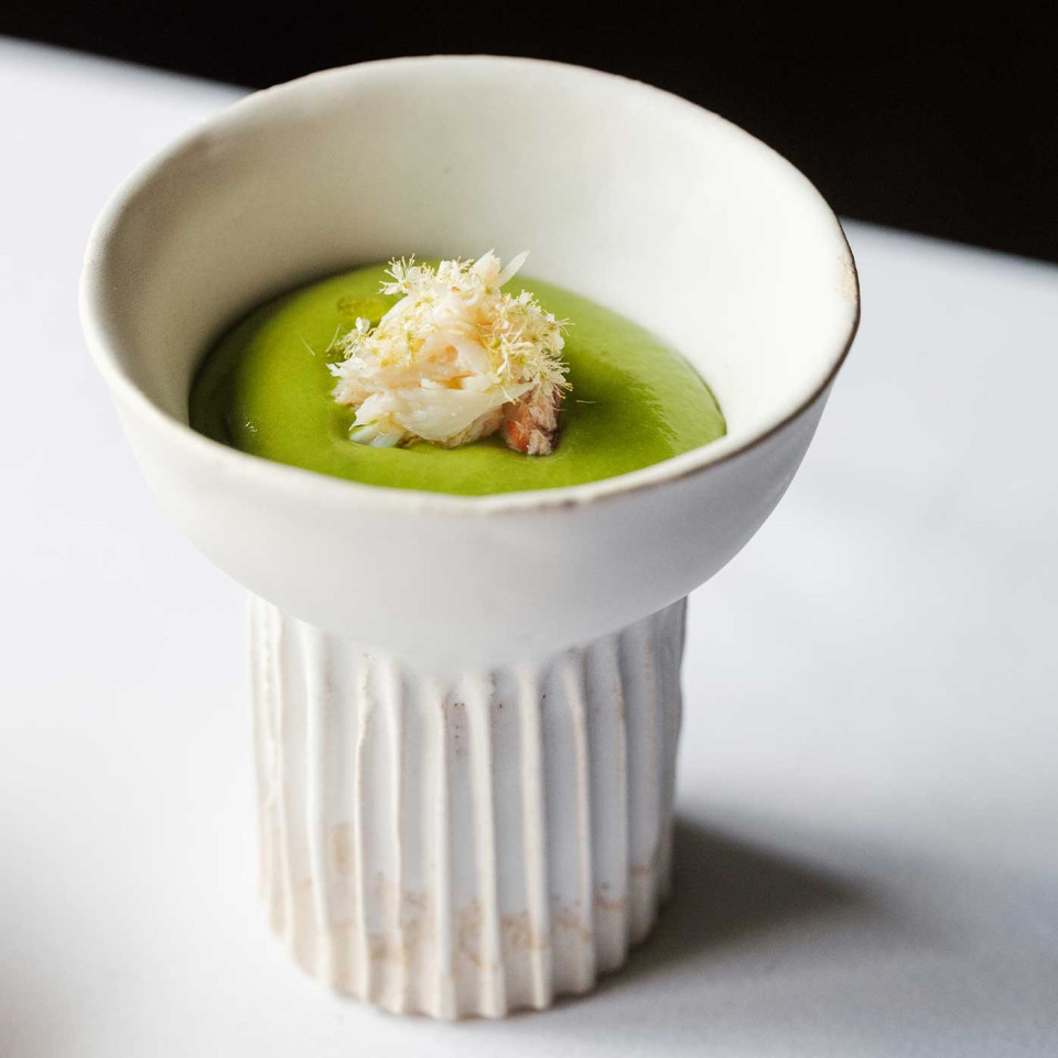 Courgette soup with gooseberry and spider crab