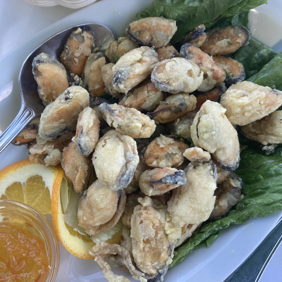 Deep-fried mussels at a lakeside lunch