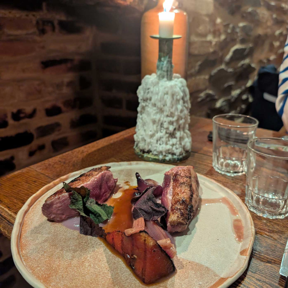 Bombance's charcoal-grilled duck breasts with pickled rhubarb