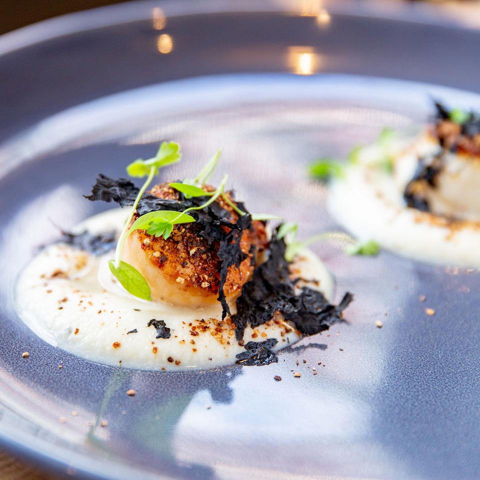 Scallops, celeriac, black squid ink and mushroom powder