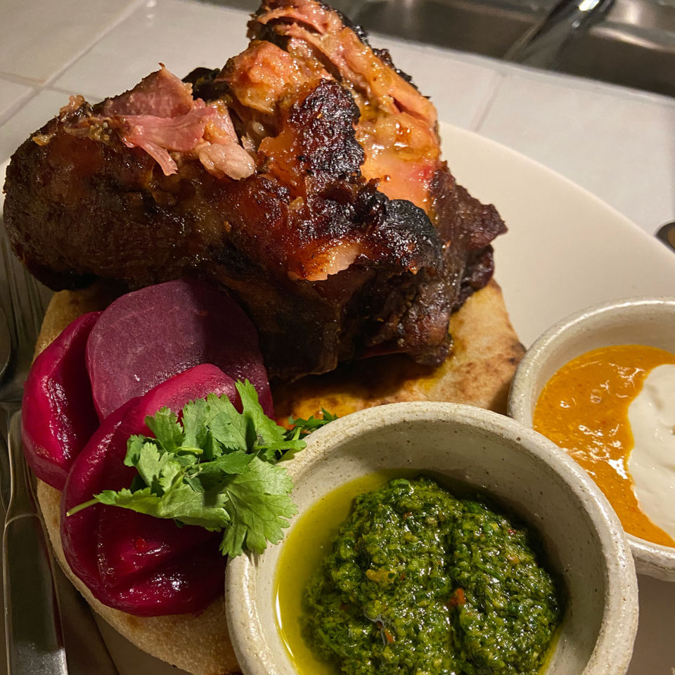 Smoked lamb neck shawarma