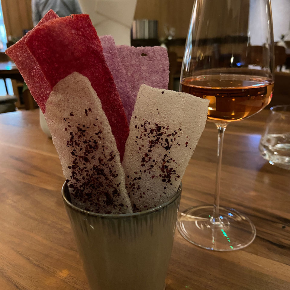 Selection of crackers; onion and sumac, beetroot and red cabbage