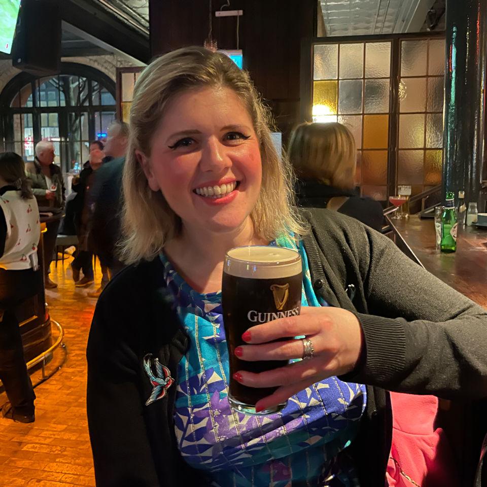 Rebecca enjoying a pint of Guinness