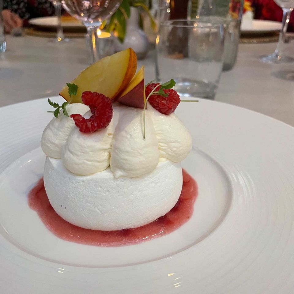 A nectarine and Champagne pavlova, served in The Brasserie