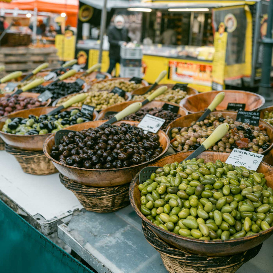 Olives on display at the must-visit Saturday market at Place des Lices