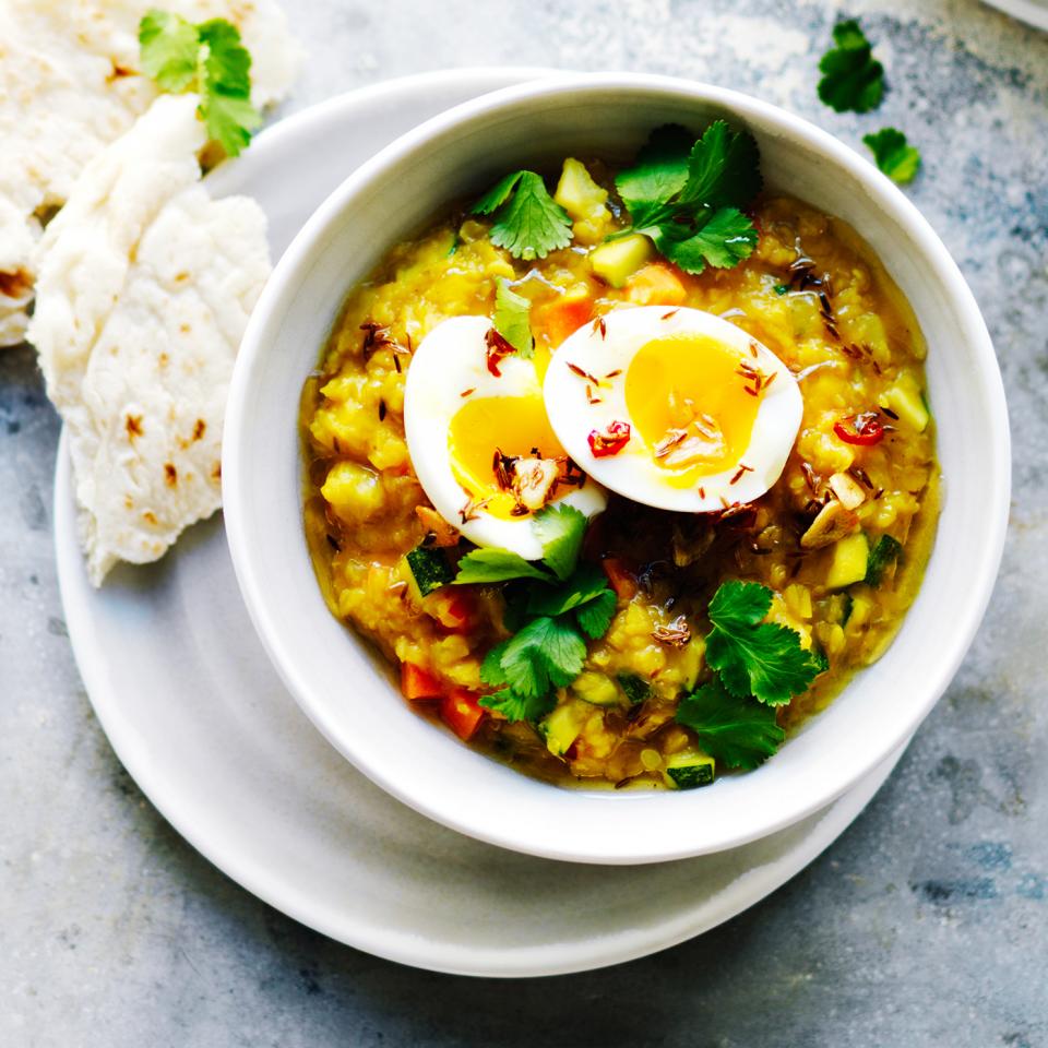 Golden vegetable dhal with soft-boiled eggs
