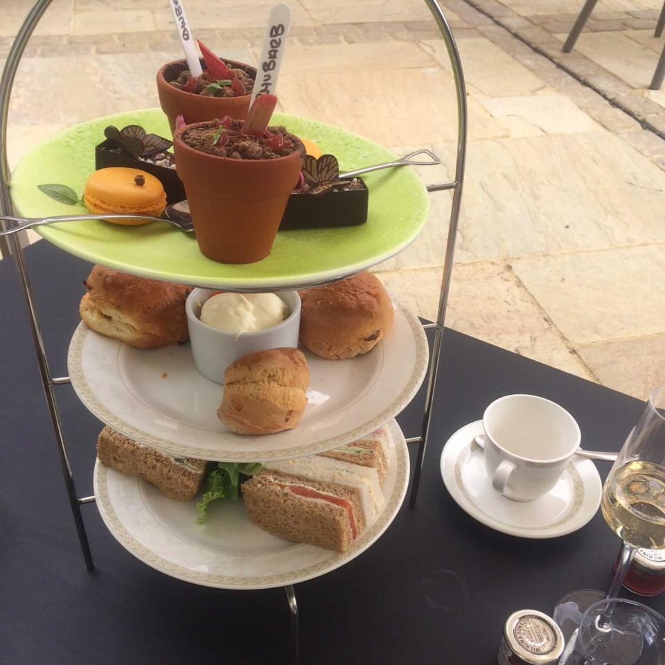 Afternoon tea (check out that rhubarb mousse in a flowerpot!)