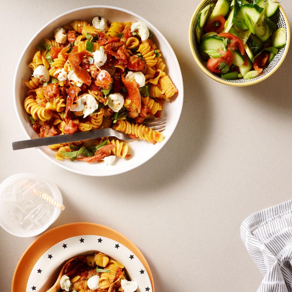 Pizza-pasta with ham crisps. Lauren Mclean