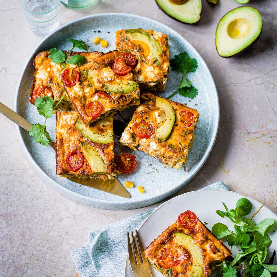 Baked avocado, corn and feta frittata. Image: Ant Duncan