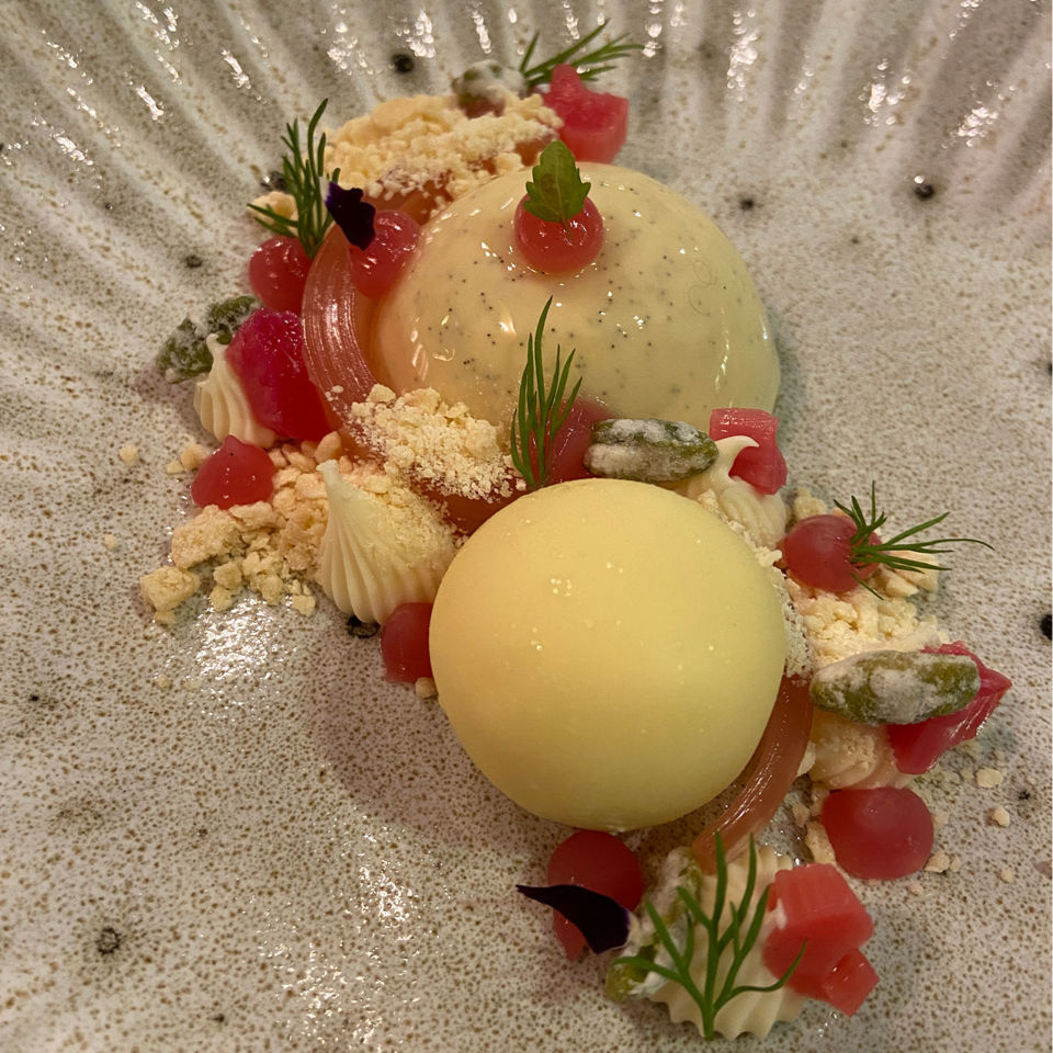 White chocolate and rhubarb dessert
