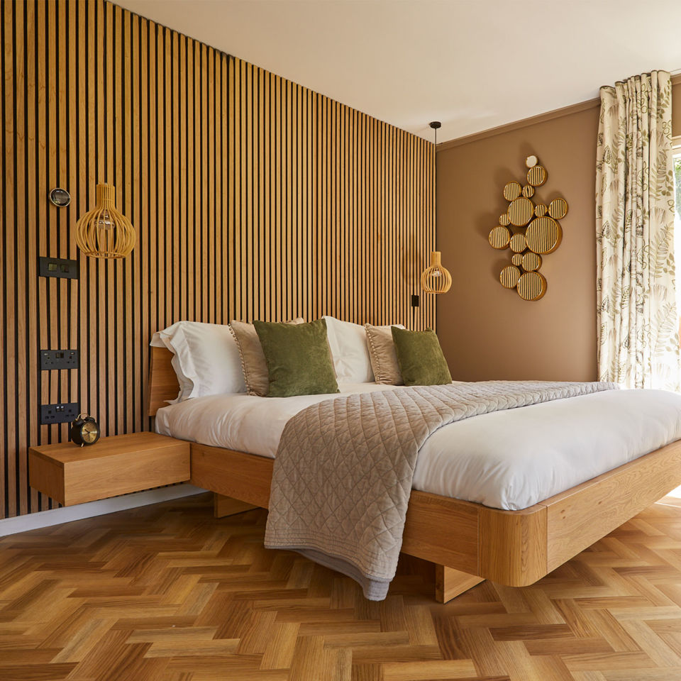 the clean lines of the chic bedroom