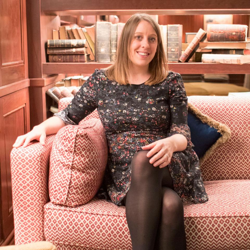 Liz in the hotel's library