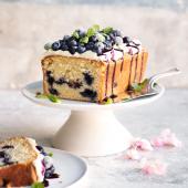 White chocolate and blueberry loaf cake with cheesecake frosting